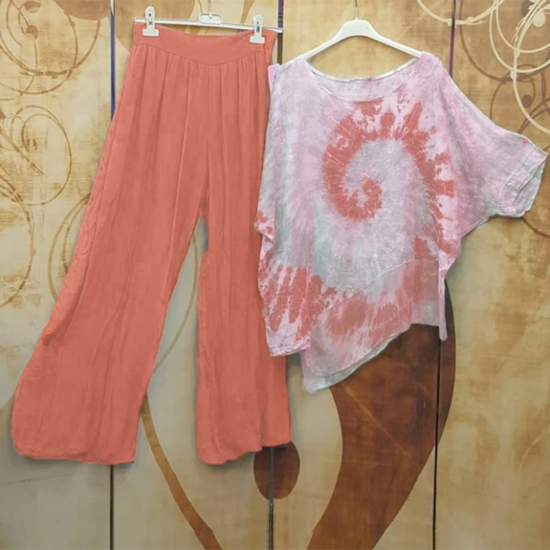 Tie Dye Two Piece - Tie-dye Crew Neck Printed Top Wide-leg