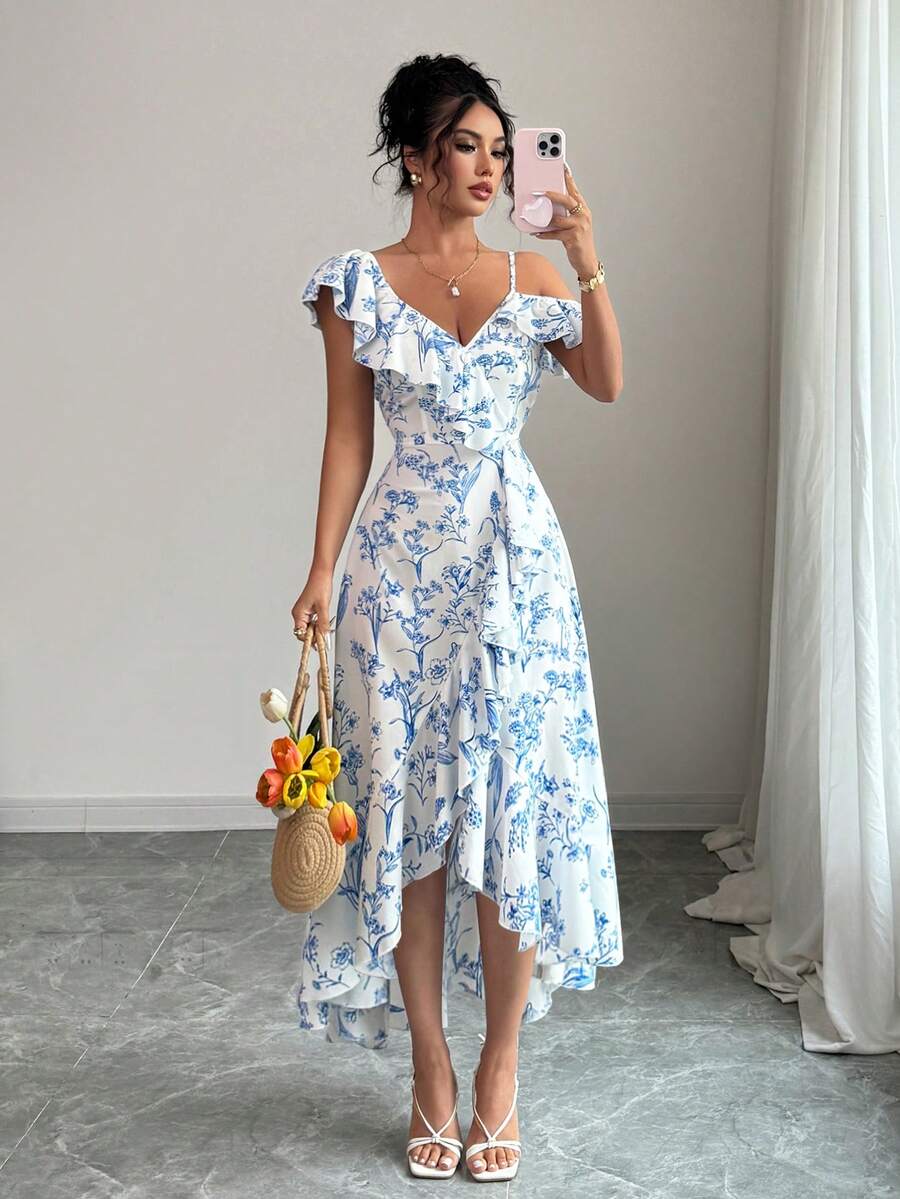 Floral Summer Dress - Women V-Neck Asymmetric Shoulder Ruffle Hem