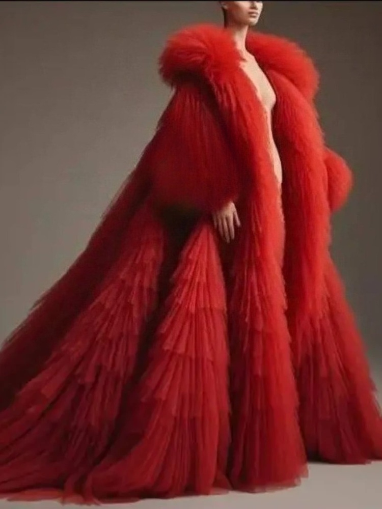 Women Fashion Reddit - Red fluffy pleated ruffled long sleeved