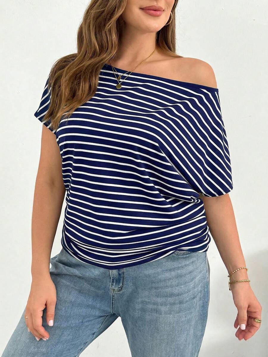 Off Shoulder Top - Off Shoulder Striped Short Sleeve T-Shirt