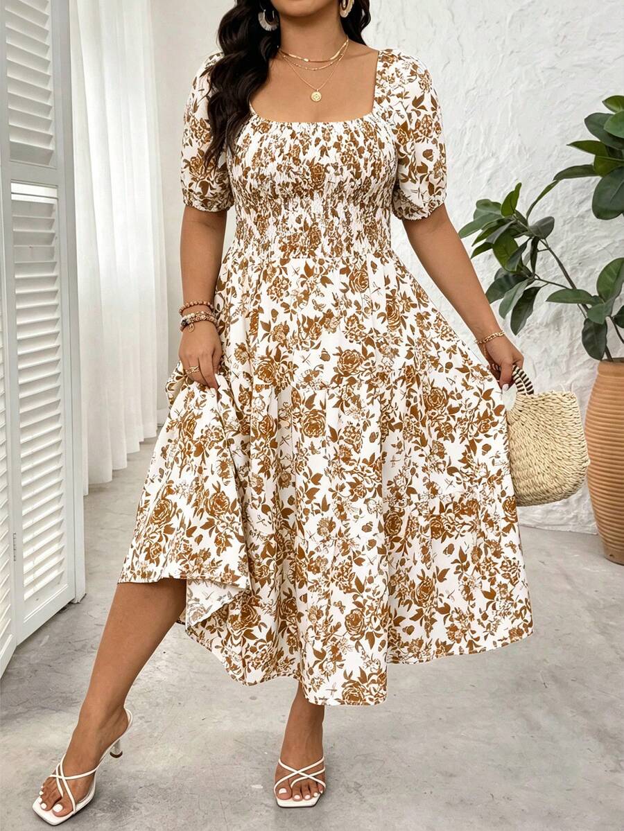 Floral Summer Dress - Plus Size Square Neck Floral Print