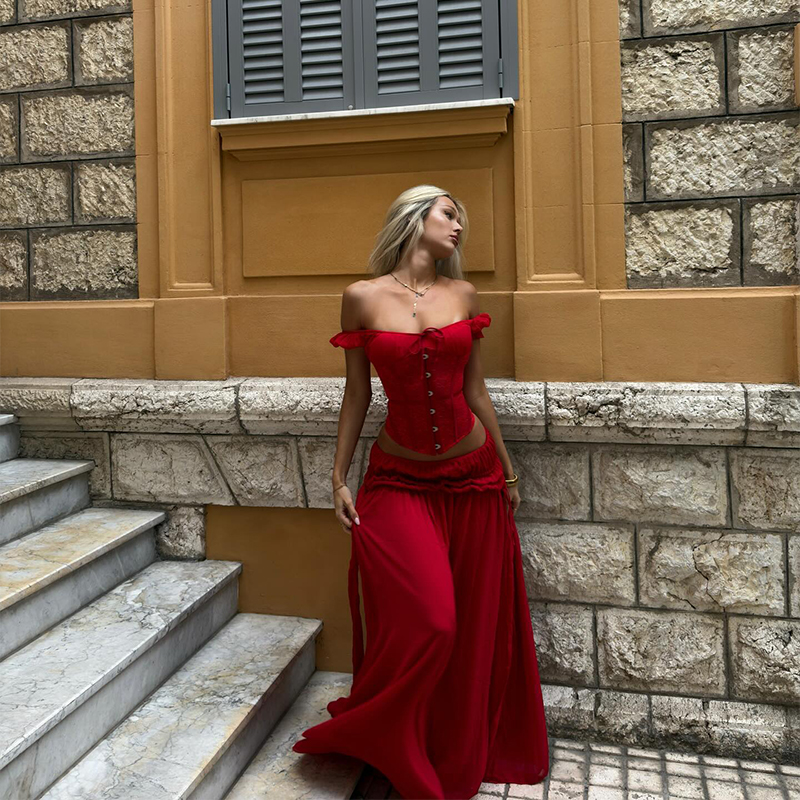 Chic Red Off Shoulder Corset T - Corset Top Boned ulasan dan harga