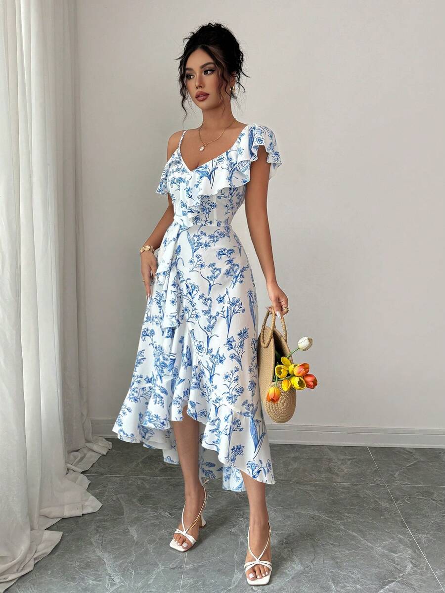 Women V-Neck Asymmetric Should - Floral Summer Dress ulasan dan harga