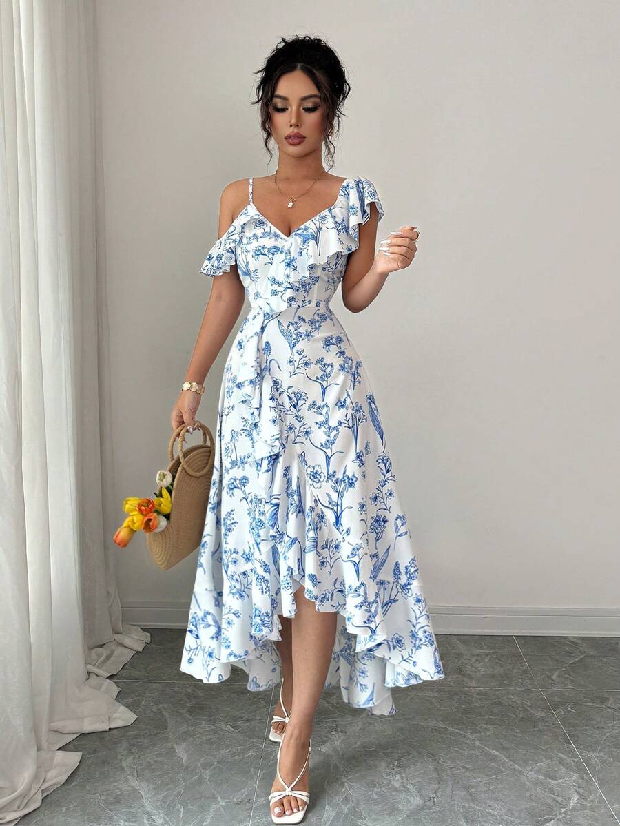 Women V-Neck Asymmetric Should - Floral Summer Dress ulasan dan harga