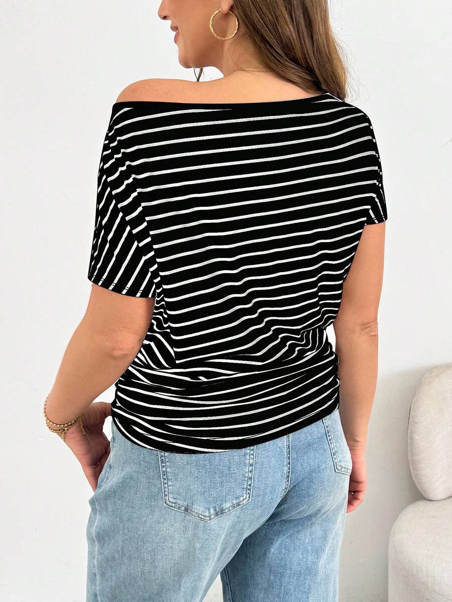 Off Shoulder Striped Short Sle - Off Shoulder Top ulasan dan harga