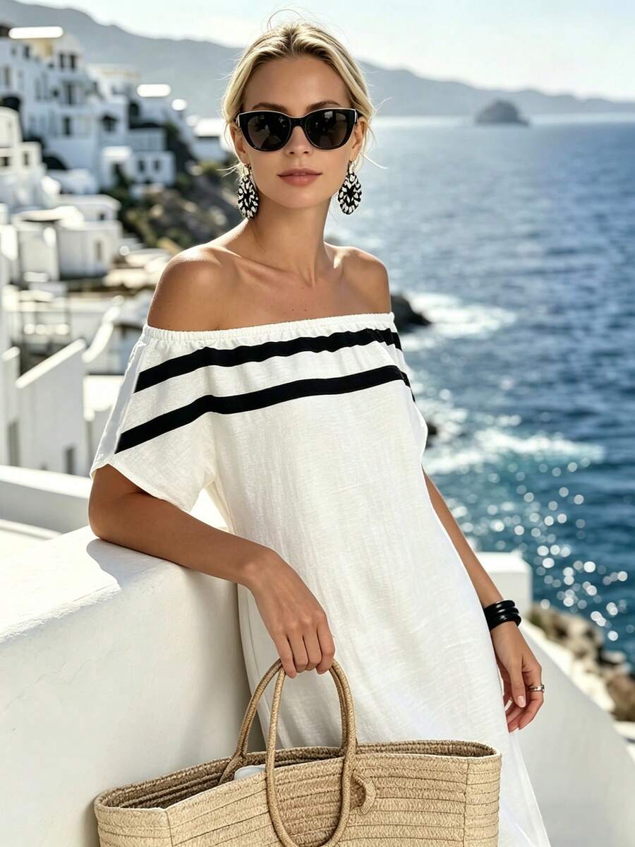 White Off Shoulder Striped Cas - Off Shoulder Top ulasan dan harga